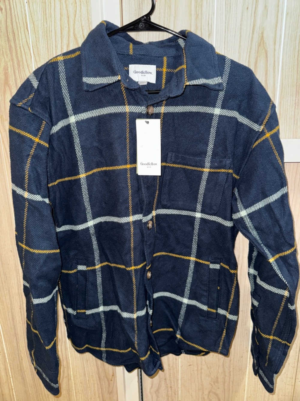 Goodfellow & Co Navy Plaid Shirt Jacket with Cream & Gold Lines